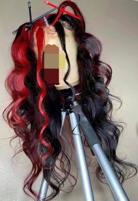 Wig Hairstyles Red And Black, Red Wig Ideas, Red Wigs Styled, Wigs With Red Highlights Black Women, Black And Red Wigs For Black Women, Red And Black Sew In, Red And Black Lace Front Wig, Black And Red Hair Black Women, Red Prom Hairstyles