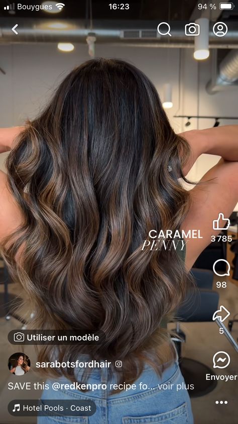 Dark Chocolate Caramel Hair, Beautiful Brunette Hair Color, Multidimensional Brunette Dark, Curly Dimensional Brunette, Dark Brunette Hair With Dimension, Balayage Brown Skin, Dark Dimensional Brunette, Ombre Highlights For Dark Hair, Warm Balayage On Dark Hair