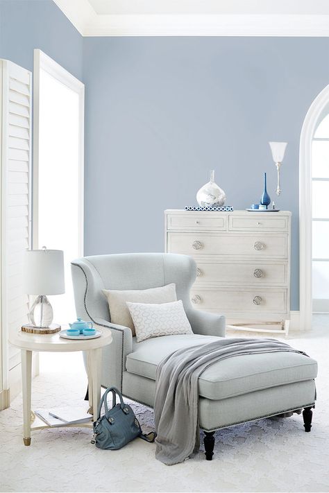 Five Pieces Every Stylish Home Should Have - The Chriselle Factor Blue Bedroom Walls, Light Blue Walls, Bernhardt Furniture, Chaise Lounges, Blue Rooms, Bedroom Paint, Elegant Home Decor, Blue Bedroom, Feeling Blue