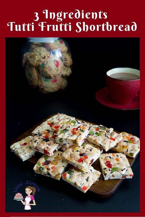 With just 3 ingredients these have got to be the easiest holiday treats ever. Candied fruit shortbread also called tutti frutti shortbread are eggless too. Shortbread Squares, Cookie Biscuits, Breads Recipes, Biscuits Recipes, Easy Holiday Treats, Scone Recipes, Baking Decorating, Candied Fruit, Simply Delicious