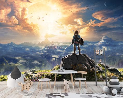 Zelda Breath of the wild Video Game Wall Mural Wallpaper Peel and Stick Playroom Wallpaper BOTW Legend of Zelda Gaming Room Art Wallpaper Zelda Wallpaper, Boy Room Wall Decor, Playroom Wallpaper, Baseball Wall Art, Kids World Map, World Map Decor, World Map Decal, Kids Room Wall Decals, Playroom Wall Art