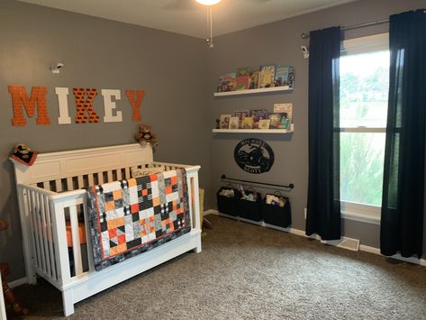 Motorcycle Orange Black White Baby Room Harley Davidson Nursery, White Baby Room, Motorcycle Nursery, Motorcycle Orange, Harley Davidson Baby, Bedroom Theme, Baby Boy Nursery Themes, Baby Boy Room Nursery, Black And White Baby