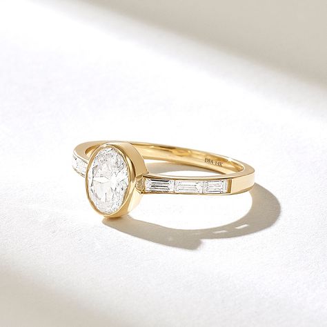 Simple Engagement Rings Thick Band, Simple Gold And Diamond Ring, Ribbed Band Engagement Ring, Bezel Ring Stack, Flush Engagement Ring, Oval Bezel Engagement Ring, Oval Anniversary Ring, Half Bezel Engagement Ring, Bezel Diamond Engagement Ring