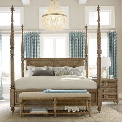 Bedroom Inspiration: Four-Poster Beds - The Inspired Room Beach Bedroom Furniture, 4 Poster Bed, Coastal Bedroom Furniture, King Poster Bed, Bed With Posts, Four Poster Bed, Coastal Bedrooms, Blue Curtains, Beach Bedroom