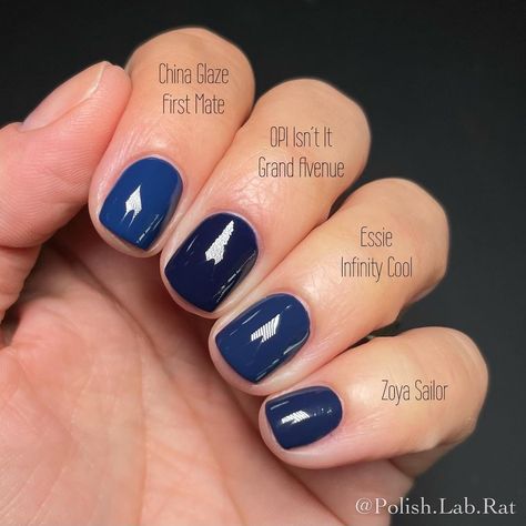 Essie Navy Blue Nail Polish, Essie Dark Blue Nail Polish, Dark Blue Opi Gel Polish, Sns Navy Blue Nails, Opi Navy Blue Dip Powder, Navy Blue Shellac Nails, Navy Blue Nails Opi Gel, Navy Blue Squoval Nails, Dnd Navy Blue Color