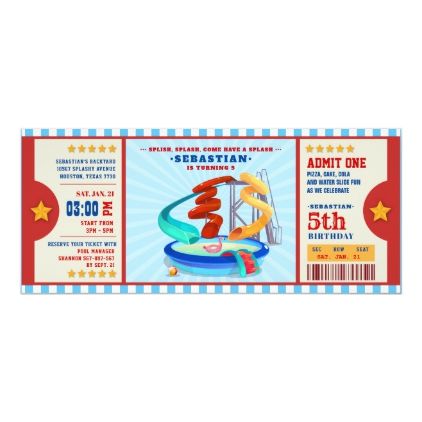 Editable Colour Water Park Ticket Birthday Invitation Splish Splash Birthday Party, Splash Birthday Party, Water Park Party, Ticket Birthday Invitation, Pool Birthday Invitations, Park Party, Pool Party Kids, Admit One Ticket, Park Birthday