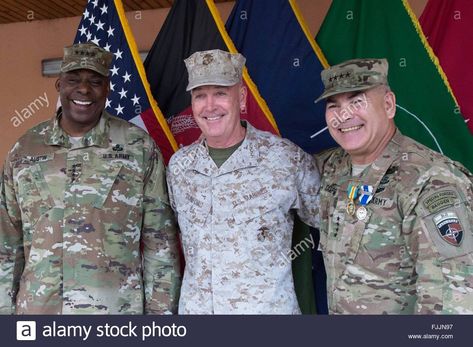 Download this stock image: U.S Joint Chiefs Chairman General Joseph Dunford, center, poses with outgoing Resolute Support Commander Gen. John Campbell, right, and Central Command Commander Gen. Lloyd Austin during the change of command ceremony March 2, 2016 in Kabul, Afghanistan. - FJJN97 from Alamy's library of millions of high resolution stock photos, illustrations and vectors. John Campbell, Kabul Afghanistan, Military Heroes, The Change, How To Be Outgoing, Austin, High Resolution, Stock Images, Resolution