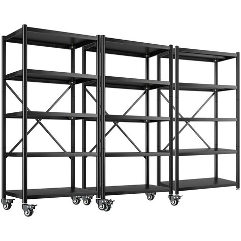 PRICES MAY VARY. 【1156LBS Load-Bearing Capacity】Overall size: 65.4”H*31.5"W*15.7"D.The metal shelves for storage is made of 25mm width metal round tube and shelf, black finished effectively prevents scratching and wear, plus X-shaped bracket, it has super strength and durability. Each layer of the metal shelving unit on adjustable feet bears 231lbs, and the total static maximum load weight is about 1156lbs. 【Height Adjustable Shelf & Sturdy Metal】The height of each shelf of the garage shelving c Storage With Wheels, Commercial Shelving, Heavy Duty Storage Shelves, Gift Shop Displays, Cubby Shelf, Shelves For Storage, Tall Shelves, Garage Basement, Metal Shelving