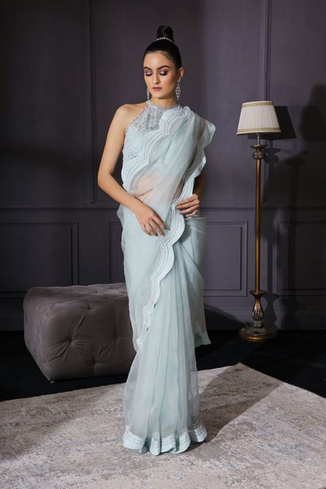 Ice blue silk organza scalloped saree with a scalloped crop top and bustier in crepe with hand embellished resham and sequin cutdana Scalloped Saree, Blue Drapes, Drape Saree, Desi Style, Blue Saree, Indian Couture, Organza Saree, Silk Organza, Halter Crop Top