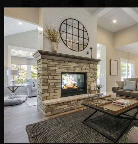 Fireplace That Divides Room, Double Sided Chimney, Fireplace Between Rooms, Split Fireplace, Dual Sided Fireplace Living Room, Fireplace In Center Of Room, Middle Of Room Fireplace, Fireplace Fronts Ideas, Double Fireplace Living Room