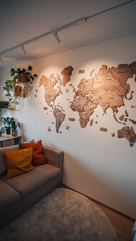 Travel World Map Wall Decor, Enjoy The Wood World Map, Wooden World Map Wall Decor, Living Room Decor Travel Theme, Around The World Room Decor, Map Where You Have Been Travel, World Map In Living Room, World Map In Bedroom, Travel Wall Inspiration