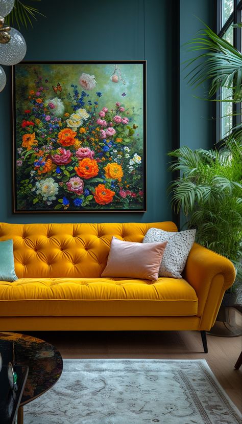 Yellow couch and floral painting interior design plants Pottery Barn Inspired Living Room, Cozy Living Room Furniture, Painting Interior Design, Floral Couch, Yellow Couch, Interior Design Plants, Couch Styling, Cozy Fall Bedroom, Yellow Sofa