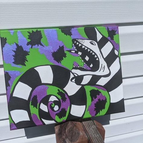 Tim Burton Inspired Painting, Halloween Painting Beetlejuice, Scary Movies Paintings, Beetlejuice Acrylic Painting, Easy Creepy Paintings, Addams Family Bedroom, Oogie Boogie Painting Canvas, Beetlejuice Painting Ideas, Adventure Time Painting Ideas