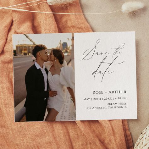 Minimal Script Photo Save The Date Postcard Chic Save The Date Ideas, Save The Date Romantic, Classy Save The Dates, Fall Save The Date Ideas, Save The Date Ideas Photos, Elegant Save The Date Ideas, Classic Save The Date, Bride Things, Save The Date Wedding Invitations