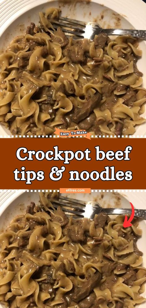 Embrace the ease and comfort of Crockpot Beef Tips & Noodles, a dish that promises tender, flavorful beef in a rich gravy, served over a bed of soft noodles. Let your crockpot do the work as the beef tips slow-cook to perfection, absorbing a symphony of flavors that make this dish a comforting classic. It's the perfect meal for a cozy evening, promising satisfaction with every bite. #SlowCookedDelight #ComfortFoodClassic #BeefTipsBliss Crockpot Recipes Beef And Noodles, Slow Cooker Beef And Noodles Crockpot Recipes, Steak And Noodles Crockpot, Crockpot Beef Tips & Noodles, Beef Tip And Noodles Crock Pot, Beefy Noodles Crockpot, Beef Tips Cream Of Mushroom Crock Pot, Beef With Noodles Crock Pot, Beef Tips And Egg Noodles Crockpot