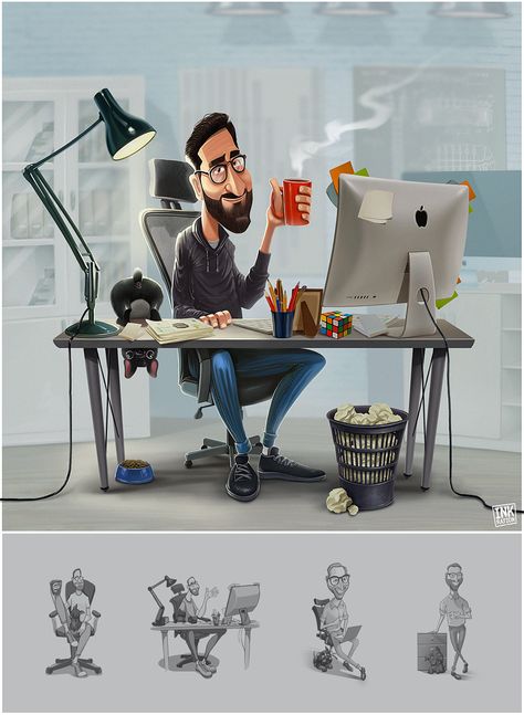 Designer Cartoon Characters, Professional Character Design, Computer Character Design, Writer Character Design, Career Illustration Art, Office Worker Character Design, Teacher Illustration Character, Man Working Illustration, Character Development Illustration