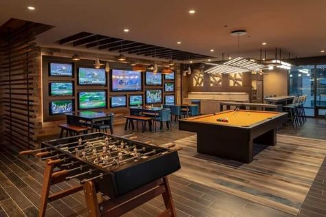 Clubhouse Design, Indoor Outdoor Fireplaces, Theater Room Design, Home Cinema Room, Game Room Family, Man Cave Home Bar, Pool Tables, Dc Metro, Lounge Design