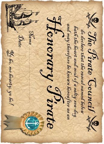 DEFINITELY! free printable Honorary Pirate Certificate Pirate Ship Template, Pirate Theme Party, Ship Template, Pirate Day, Pirate Names, Pirate Birthday Party, Pirate Activities, Pirate Treasure, Pirate Crafts