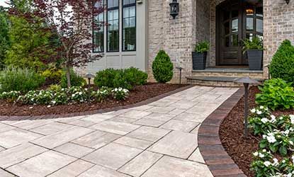 Concrete Pavers Walkway, Small Front Yards, Brick Border, Flagstone Pavers, Outdoor Pavers, Paver Walkway, Front Walkway, Victorian Style Homes, Front Landscaping