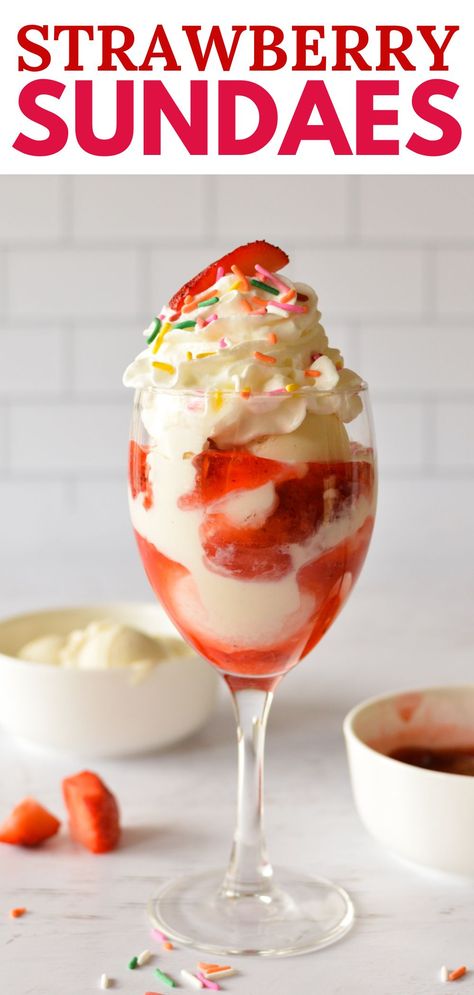 strawberry sundae with whipped cream and sprinkles. Strawberry Syrup Recipes, Barbie Foods, Banana Splits Sundae, Best Vanilla Ice Cream, Sundae Toppings, Sundae Recipes, Sundae Cup, Strawberry Parfait, Strawberry Sundae