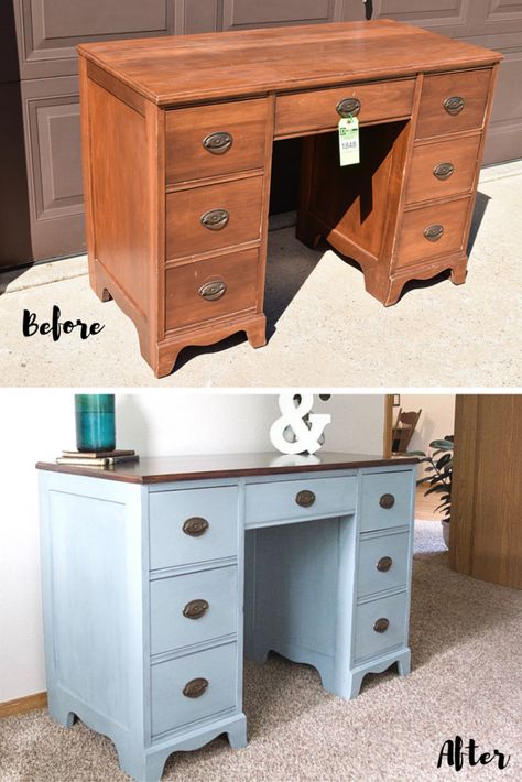 Dusky Blue Desk Makeover | Timeless Creations, LLC Cheap Furniture Makeover, Refurbished Desk, Easy Furniture Makeover, Desk Makeover Diy, Blue Desk, Desk Makeover, Dusky Blue, Paint Wood, Furniture Rehab