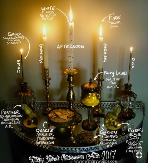 Cool ideas for candles on your altar or for your meditation space. Thanks #withcywords  !                      #awake  #crystals  #awakening  #candles  #goodvibes  #higherfrequency  #knowledge  #meditation Witches Altar Ideas, Litha Summer Solstice, Pagan Life, Summer Solstice Ritual, Capricorn Sun, Sacred Space Altar, Witch Life, Aquarius Moon, Longest Day Of The Year