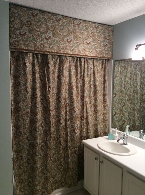 Shower Curtain with Cornice Board | Biscuits & Burlap Curtain With Valance, Painted Shower Tile, Shower Curtain With Valance, Cornice Board, Amazing Showers, Painting Shower, Small Bathroom Makeover, Gorgeous Bathroom, Guest Bathroom