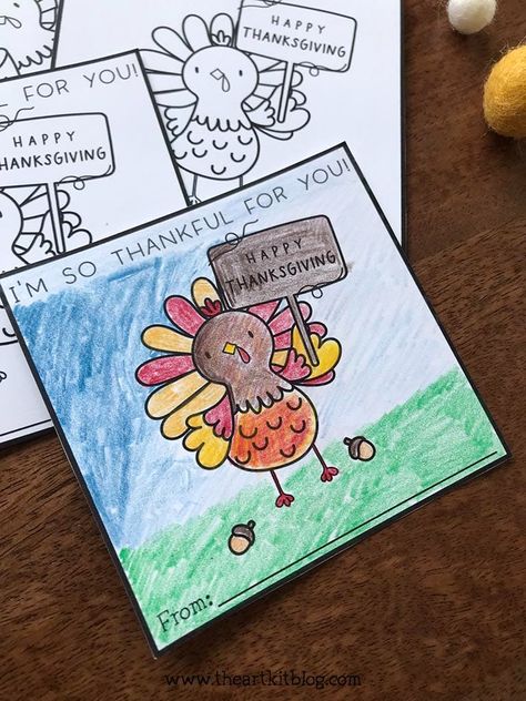 Mini Thanksgiving Cards to Color {FREE PRINTABLE} Thanks Giving Cards For Kids Diy, Thankful Cards For Kids, Thanksgiving Cards Handmade Easy, Thankful Cards Printable, Thanksgiving Cards Handmade Ideas, Thanksgiving Cards Handmade Kids, Fall Cards Handmade Ideas, Thanksgiving Cards For Kids, To Color Free Printable