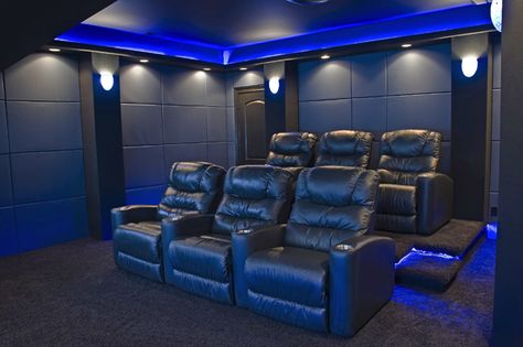 Blue Theatre Room, Theater Room Ideas, Theatre Rooms, Home Theater Basement, Theatre Room Ideas, Home Theater Ideas, Media Room Seating, Room Theater, Small Home Theaters