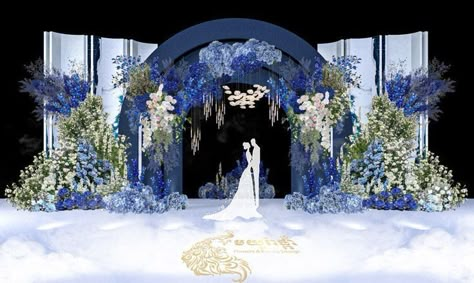 Reception Stage Decor Blue, Wedding Backdrop Design Blue, Blue Backdrop Wedding, Wedding Backdrop Blue, Wedding Decorations Stage, Blue Wedding Backdrop, Elegant Wedding Backdrop, Crystal Wedding Decor, Weddings Decorations Elegant Romantic