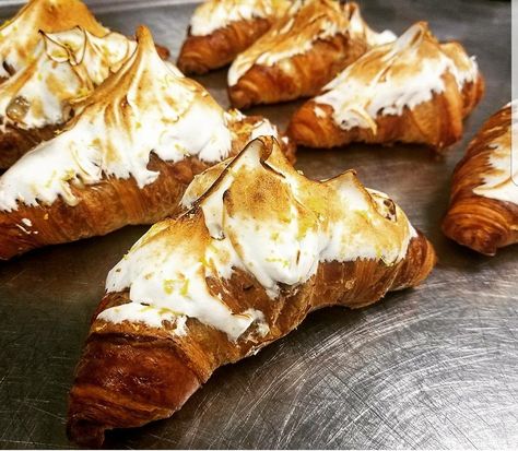 Lemon meringue pie croissants! @aclouse11 Lemon Meringue Pie, Meringue Pie, Lemon Meringue, Plated Desserts, Meringue, Croissant, Camembert Cheese, Coffee Shop, Pastry