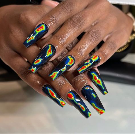 Hand painted thermal apres nails by Morgan #ThermalNails #NailArt #Handpainted #NailAesthetic #Naildesigns #Nailtech #nailinspo Map Nails, Apres Nails, Almond Acrylic Nails Designs, Thermal Nails, Nails Care, Mens Nails, Watermelon Nails, Hippie Nails, Birthday Babe