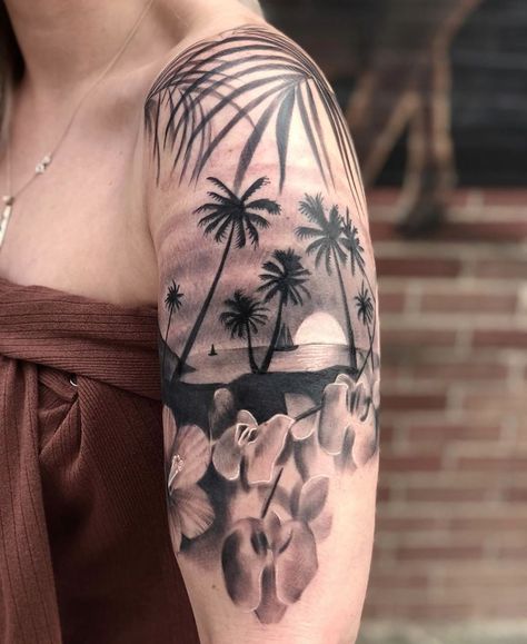 Island Life Tattoo, Tropical Flower Tattoo Sleeve, Seascape Tattoo, Rocky Mountain Tattoo, Fye Tattoos, Olivia Tattoo, Tropical Flower Tattoos, Ocean Sleeve Tattoos, Ocean Sleeve