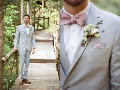 This spring groom wore a gray suit, mauve bow tie, gingham check pocket square and white spray rose boutonniere. From Jennifer & David’s wedding. Photography by Krista Lee Photography. #groom #boutonniere #cedarwoodweddings     Flowers: @Cedarwood Weddings  Tuxes: @Men’s Wearhouse Groomsmen Attire Mauve, Wedding Suits Men Grey, Peacock Wedding Cake, White Spray Roses, 2nd Wedding Dresses, Groom And Groomsmen Suits, Gorgeous Bridesmaid Dresses, Light Grey Suits, Dusty Rose Wedding