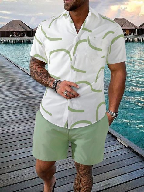 Multicolor Casual Collar   Colorblock,Graphic,Plants  Embellished Non-Stretch Summer Men Clothing Beach Fits Men, Brunch Attire, Casual Vacation Outfits, Vacation Outfits Men, Mens Beach Style, Birthday Brunch, Fits Inspo, Vacation Outfit, Men Summer