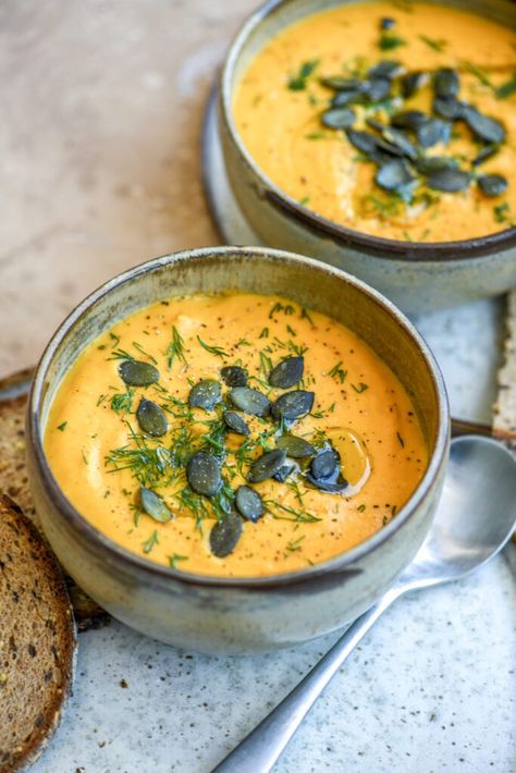 Creamy Roasted Butternut Squash Soup (with Carrot & Coconut Milk) Beet Butternut Squash, Vegan Butternut Squash Recipes, Breakfast Juice, Creamy Mushroom Pasta, High Protein Desserts, Soup Easy, Roasted Butternut Squash Soup, Dessert Cookbooks, Coconut Soup