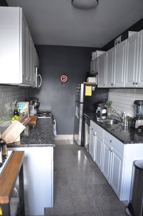 A Black and White Galley Kitchen — Kitchen Spotlight Black And White Galley Kitchen, White Galley Kitchens, White Galley Kitchen, Galley Kitchen Remodel Ideas, Kitchen Spotlights, Galley Kitchen Design, Galley Kitchen Remodel, Rental Kitchen, Galley Kitchens