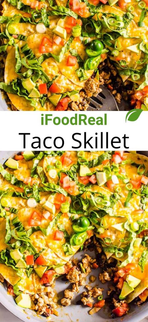 Taco Skillet is everything you love about tacos made in one pan, in 25 minutes! Easy, quick, and healthy Mexican food you can make exactly the way your family likes it. Heart Healthy Mexican Recipes, Healthy Taco Bake, Healthy Mexican Food, Taco Skillet, 30 Minute Meals Healthy, Healthy Mexican Recipes, Easy Skillet Meals, Healthy Mexican, Healthy Tacos