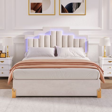 Bed Headboard Design, Bed With Led Lights, Bed Legs, Queen Size Platform Bed, Wingback Bed, Bedroom Furniture Stores, Headboard Designs, Beds & Bed Frames, Metal Bed