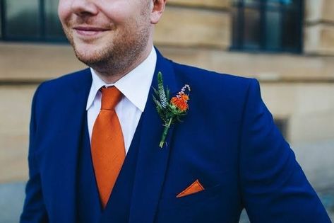 Blue Suit Orange Tie Wedding, Royal Blue Wedding Suit Groom, Orange And Royal Blue Wedding, Orange Buttonhole, Royal Blue And Orange Wedding, Orange Wedding Suit, Creative Warehouse, Royal Blue Suit Wedding, Blue Wedding Suit Groom