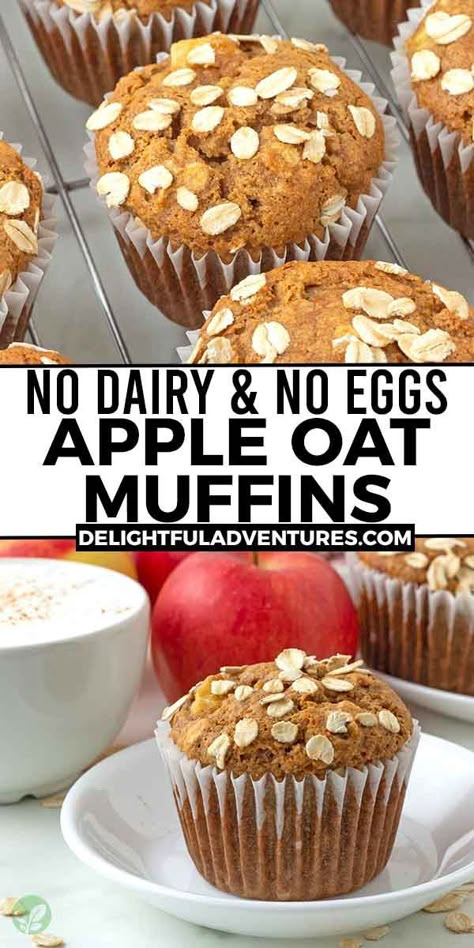 Two images of muffins, text says no dairy and no eggs apple oat muffins. Breakfast Muffins Healthy, Vegan Gluten Free Muffins, Pumpkin Oatmeal Muffins, Apple Oatmeal Muffins, Muffins Healthy, Banana Oat Muffins, Healthy Breakfast Muffins, Gluten Free Kids, Vegan Muffins