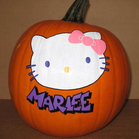 Hello Kitty pumpkin. Kitty Pumpkin, Painted Ideas, Hello Kitty Pumpkin, Diy Hello Kitty, Hand Painted Pumpkin, Halloween Stencils, Pumpkin Template, Halloween Crafts Decorations, Pumpkin Stencil