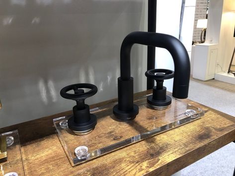 Matte Black!! (Not necessarily the one shown here -- Newport Brass industrial style faucet and handles.) Industrial Shelf Diy, Industrial Faucet, Black Faucet Bathroom, Matte Black Bathroom Faucet, Vintage Faucet, Colorful Shower Curtain, Black Bathroom Accessories, Bathroom Black, Newport Brass