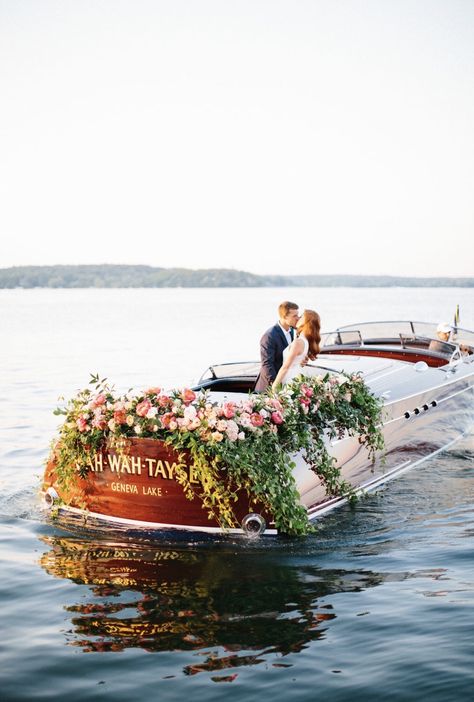 Lake House Wedding, Lake Geneva Wisconsin, Wedding Car Decorations, Yacht Wedding, Boat Wedding, Wedding Transportation, Wedding Exits, Lakeside Wedding, Summer Lake