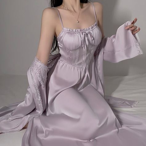 Feel beautiful and elegant in this lilac satin nightdress and robe set. 💕 #lilacnightwear #vintagecharm #retrostyle Nightwear Outfits, Night Gown Dress, Luxury Nightwear, Retro Fashion Women, Night Dress For Women, Cute Lingerie, Lingerie Dress, Home Wear, Feel Beautiful