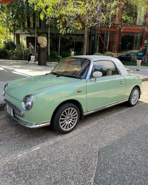 Cottage Core Car, Mint Green Car, Figaro Car, Retro Vehicles, Nissan Figaro, 1950s Car, Beetle Car, Pimped Out Cars, Car Restoration