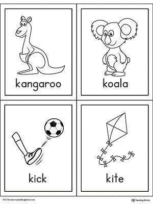 The Letter K Words and Pictures Printable Cards can be used for flashcards, various games, and help your student associate unfamiliar words with a picture. Picture cards for the words: kangaroo, koala, kick, and kite. Letter K Pictures, Letter K Words, Kindy Activities, K Words, Speech Therapy Worksheets, Preschool Color Activities, Letter Flashcards, Toddler Montessori, English Worksheets For Kindergarten