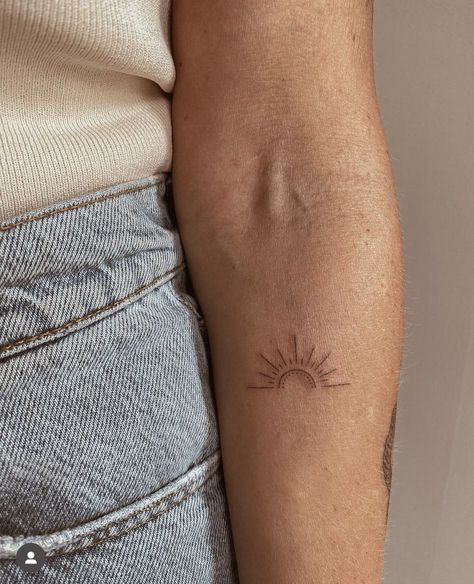 Dainty Half Sun Tattoo, 2 Suns Tattoo, Sun Tattoo With Date, Half Sunset Tattoo, Half Sun Wrist Tattoo, Half Sunshine Tattoo, Tiny Sunrise Tattoo, Fine Line Half Sun Tattoo, Dainty Sunshine Tattoo