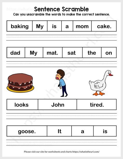 Unscramble Sentences Worksheets Grade 1, Unscramble Sentences Worksheets, Building Sentences Worksheets, Vocab Worksheets, Unscramble Sentences, Writing Sentences Kindergarten, Phonics Worksheets Grade 1, Sentence Formation, Sentences Kindergarten