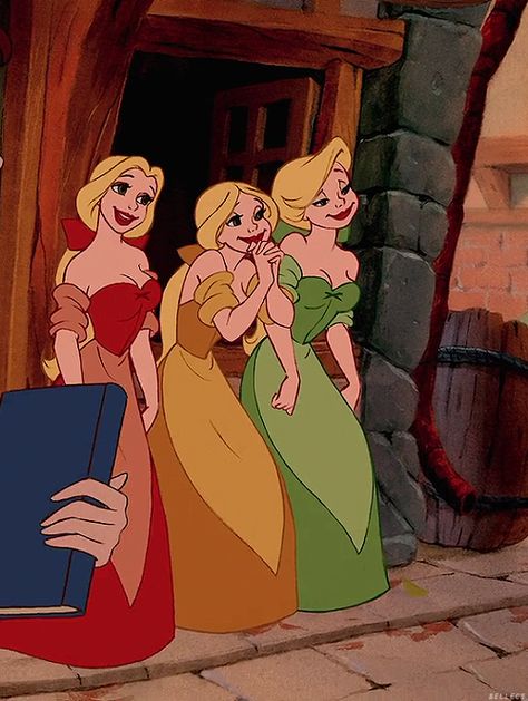 Beauty And The Beast Three Sisters, Beauty And The Beast Triplets, Beauty And The Beast Bimbettes, Bimbettes Beauty And The Beast, The Bimbettes, Bridesmaids Colors, Beauty And The Beast 1991, Village Girls, Amber Dress